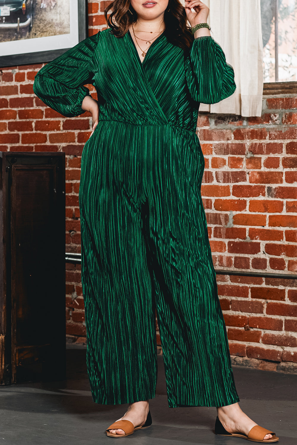 Dark Green Plus Size Pleated Satin Belted V Neck Jumpsuit