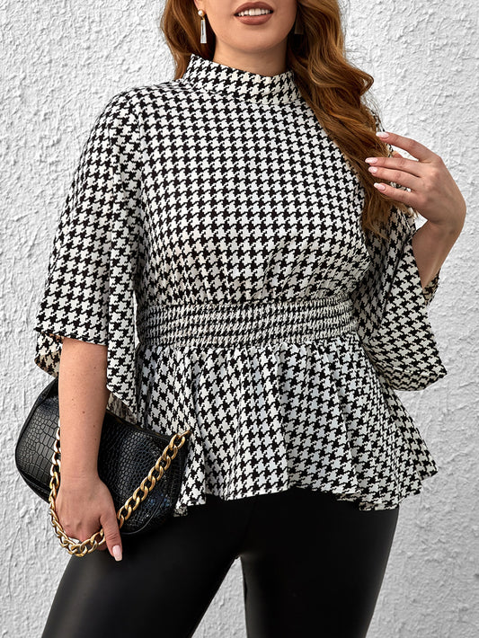 Privé Plus Houndstooth Print Mock Neck Peplum Blouse