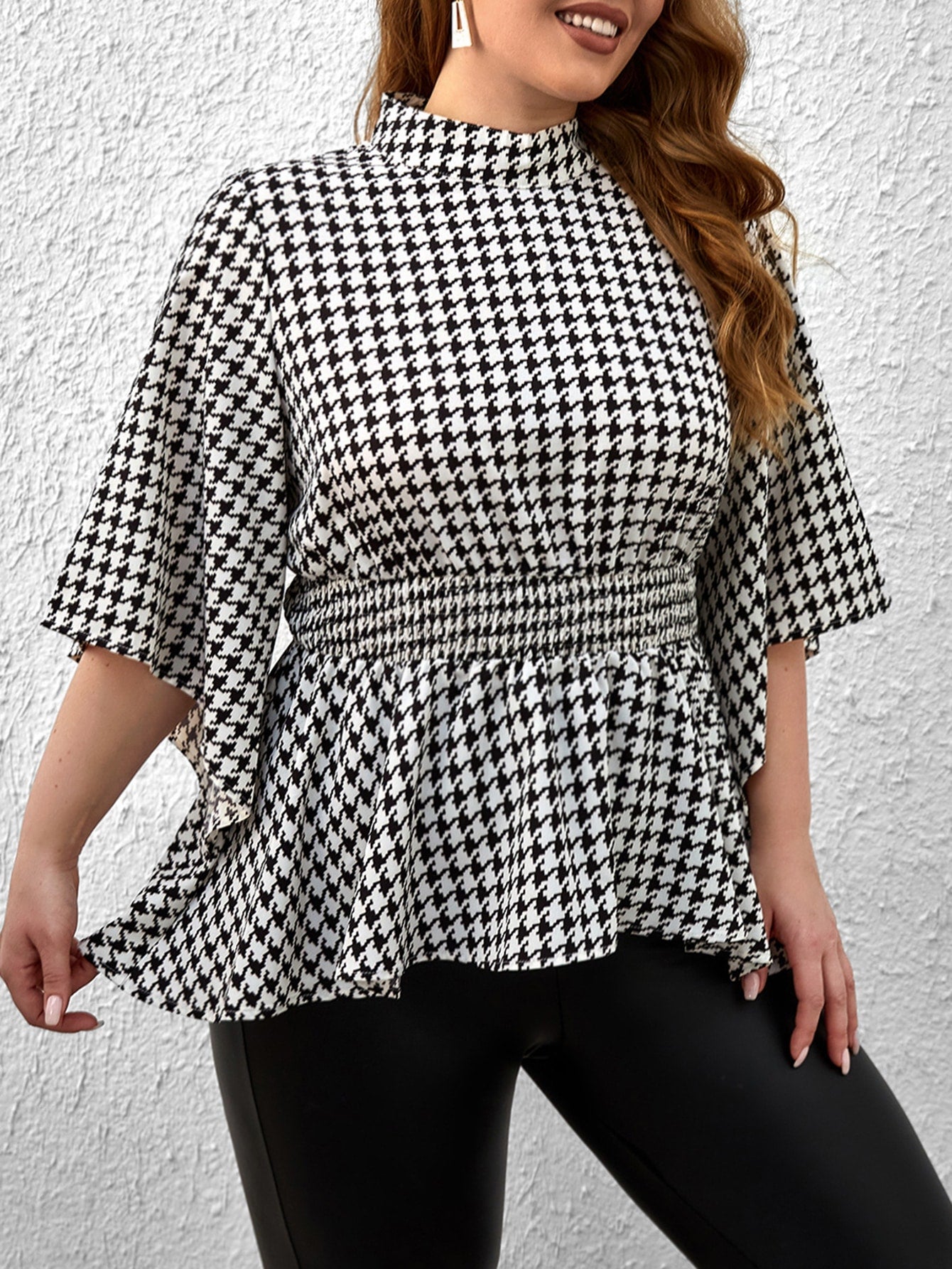 Privé Plus Houndstooth Print Mock Neck Peplum Blouse