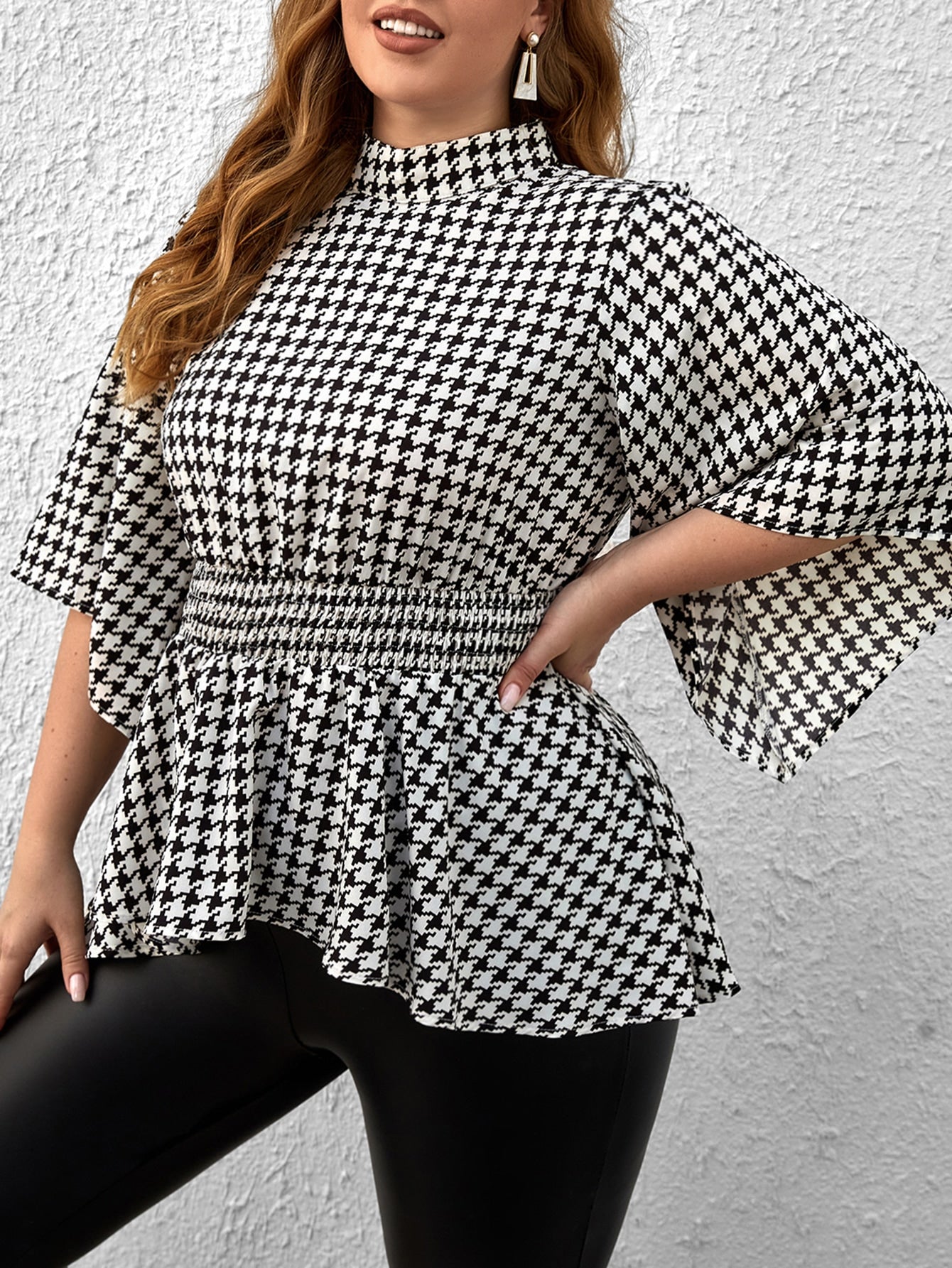 Privé Plus Houndstooth Print Mock Neck Peplum Blouse