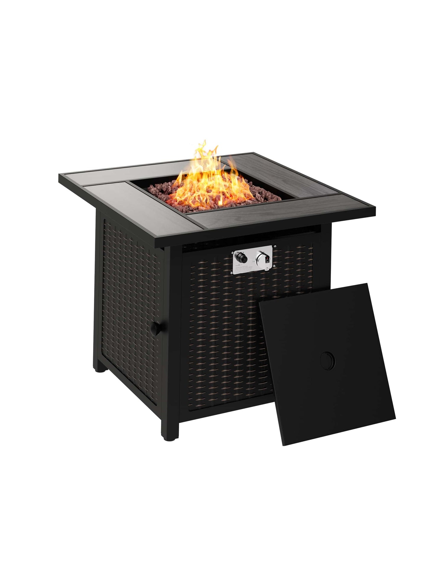 Vongrasig 30 Inch Propane Fire Pit Table Outdoor 50,000 BTU Steel Gas Fire Pit with Lid and Lava Rock, Outside Furniture with Waterproof Cover and Rattan Pattern for Patio, Backyard, Party