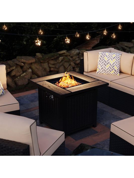 Vongrasig 30 Inch Propane Fire Pit Table Outdoor 50,000 BTU Steel Gas Fire Pit with Lid and Lava Rock, Outside Furniture with Waterproof Cover and Rattan Pattern for Patio, Backyard, Party