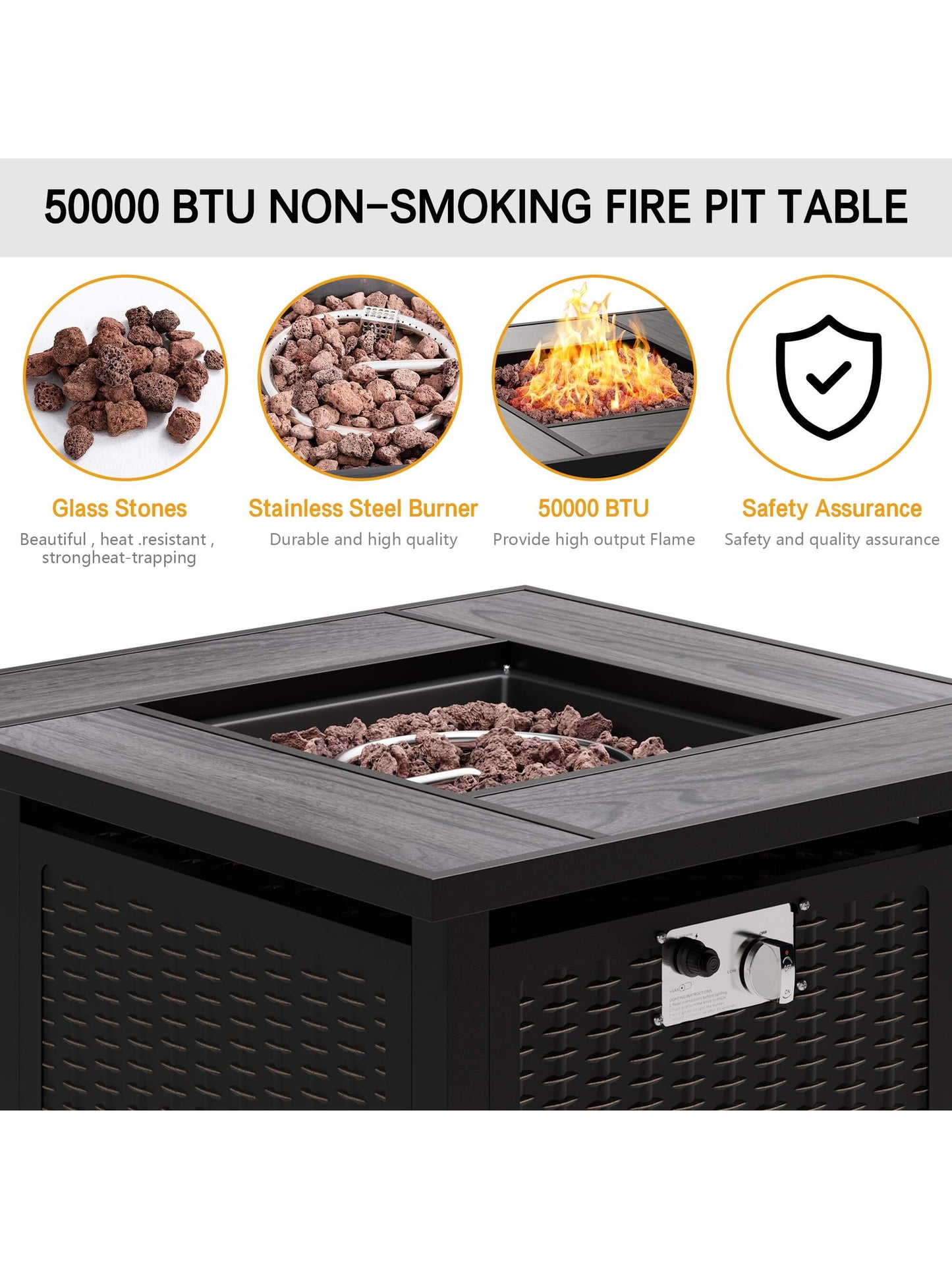 Vongrasig 30 Inch Propane Fire Pit Table Outdoor 50,000 BTU Steel Gas Fire Pit with Lid and Lava Rock, Outside Furniture with Waterproof Cover and Rattan Pattern for Patio, Backyard, Party