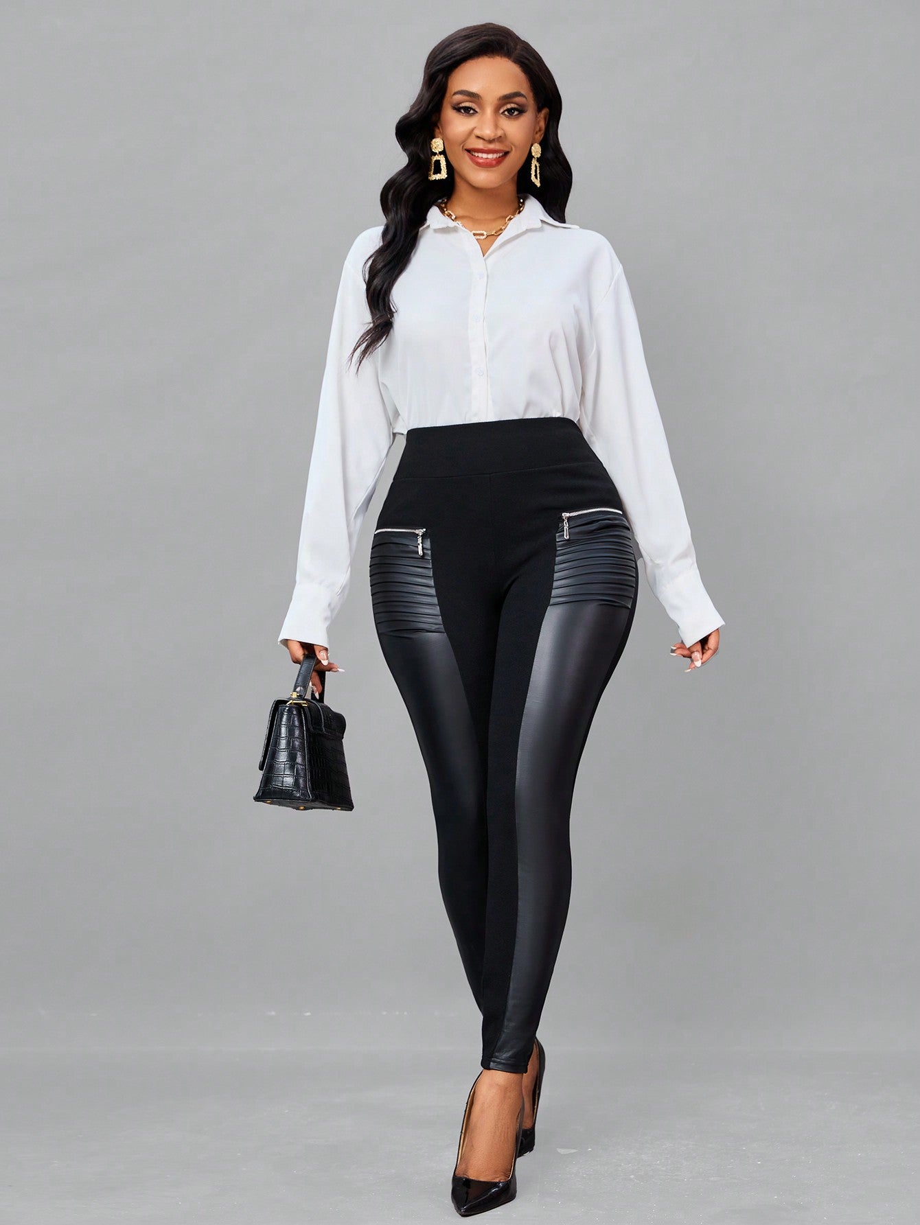 Lady Zip Detail Wideband Waist PU Leather Leggings