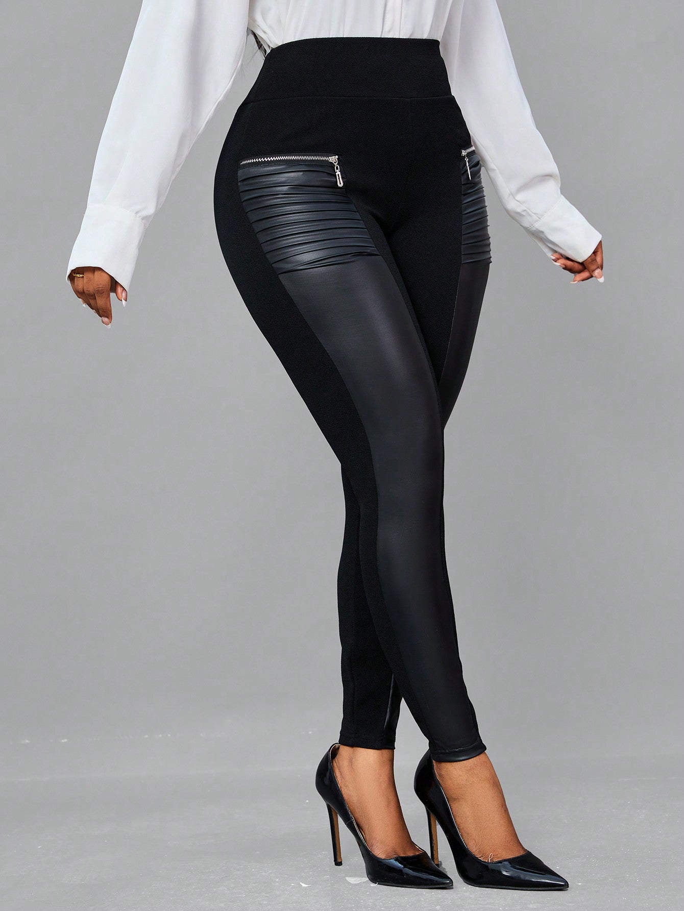 Lady Zip Detail Wideband Waist PU Leather Leggings