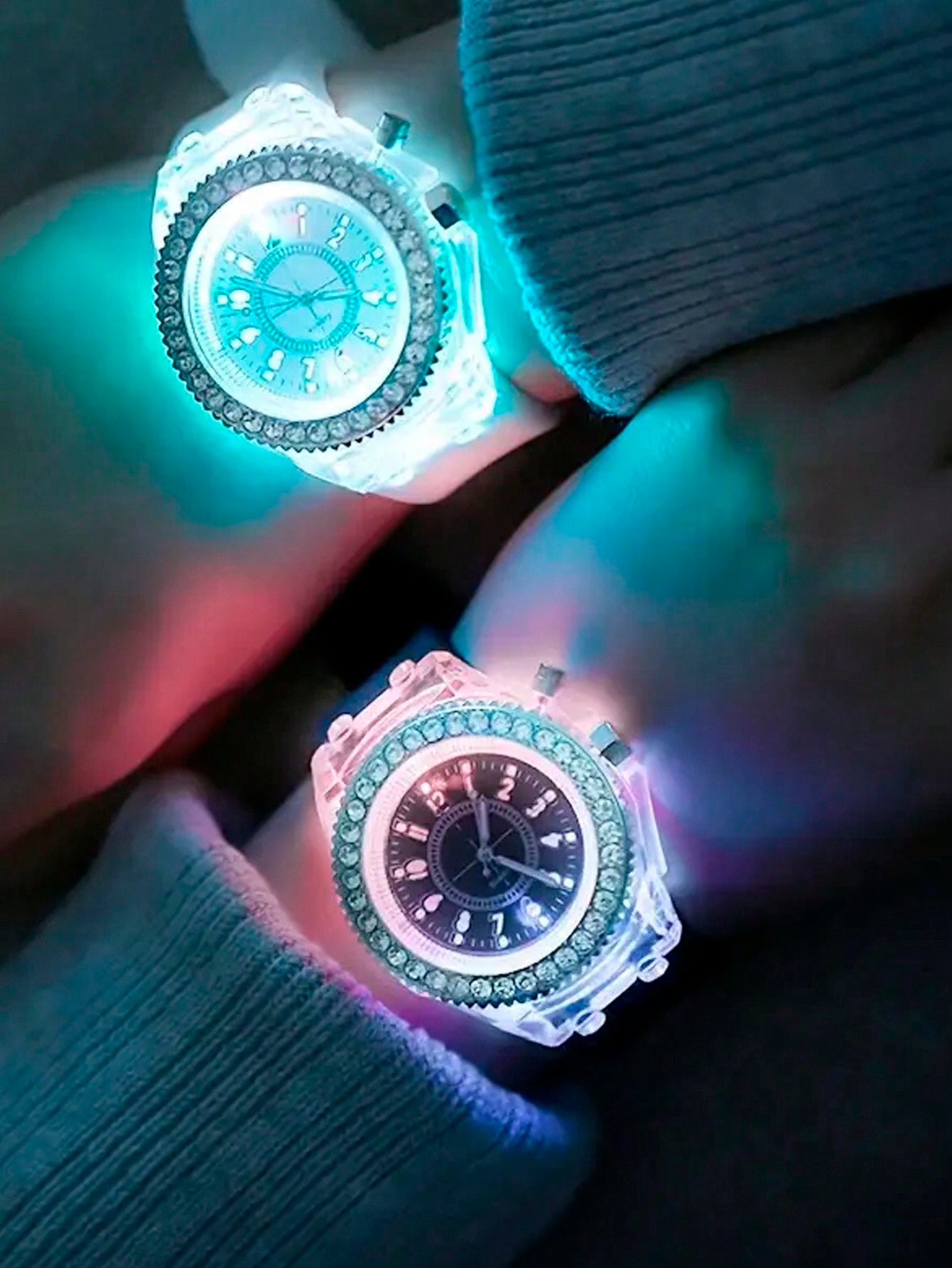 Luminous Watch Rhinestone LED Flash Couple Silicone For Unisex Round Quartz Sports Watch