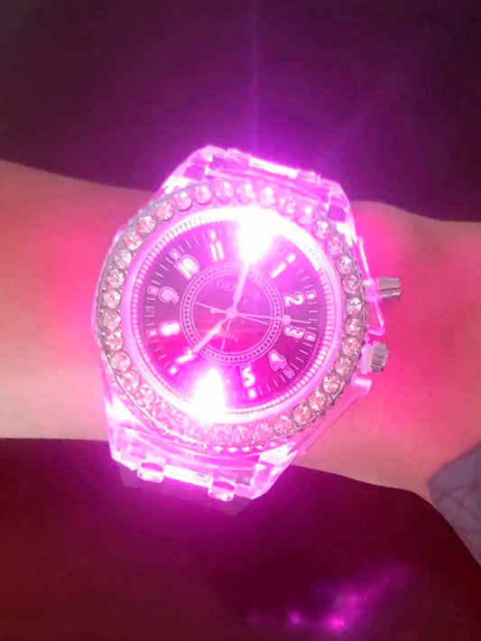 Luminous Watch Rhinestone LED Flash Couple Silicone For Unisex Round Quartz Sports Watch