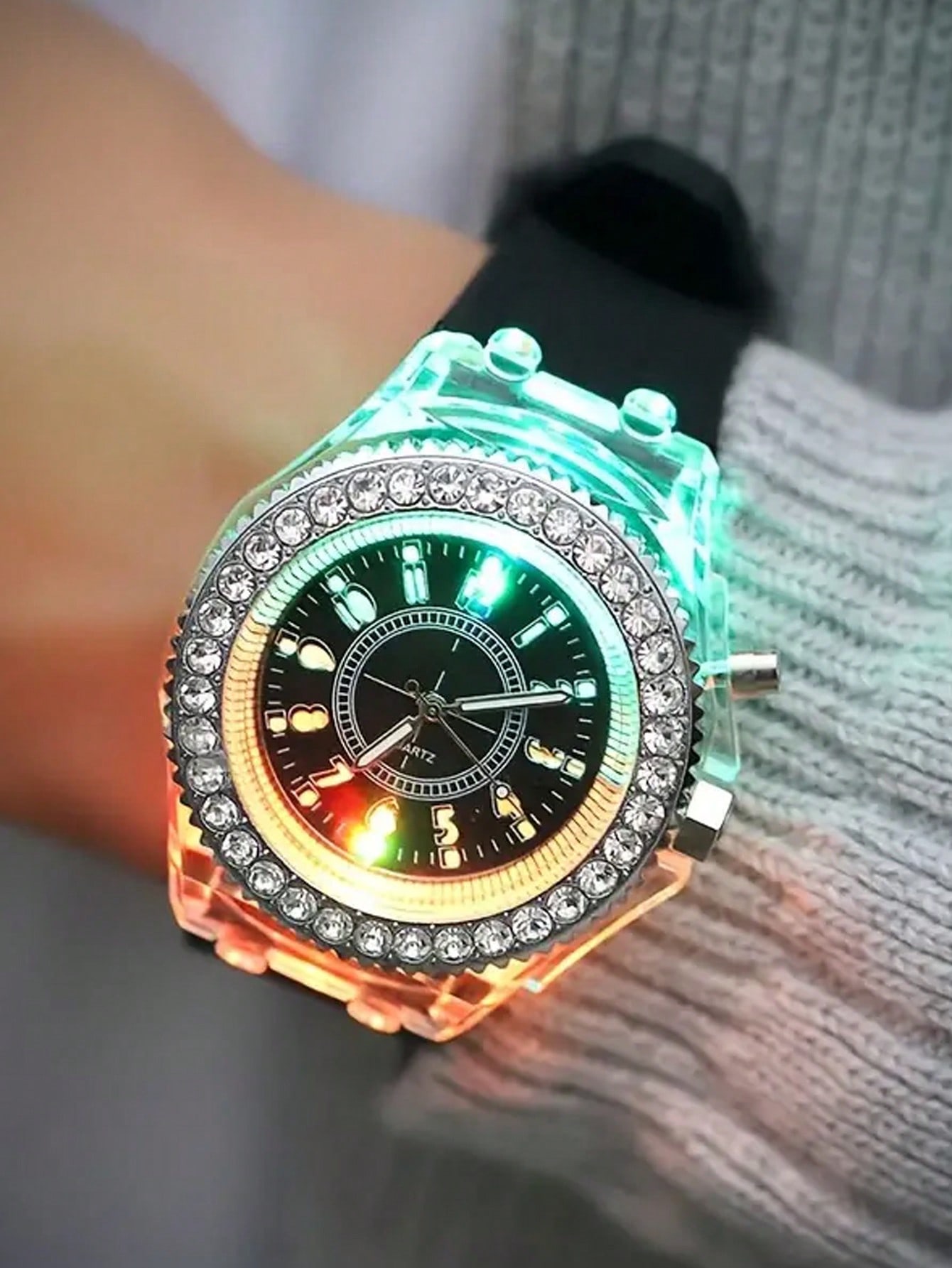 Luminous Watch Rhinestone LED Flash Couple Silicone For Unisex Round Quartz Sports Watch