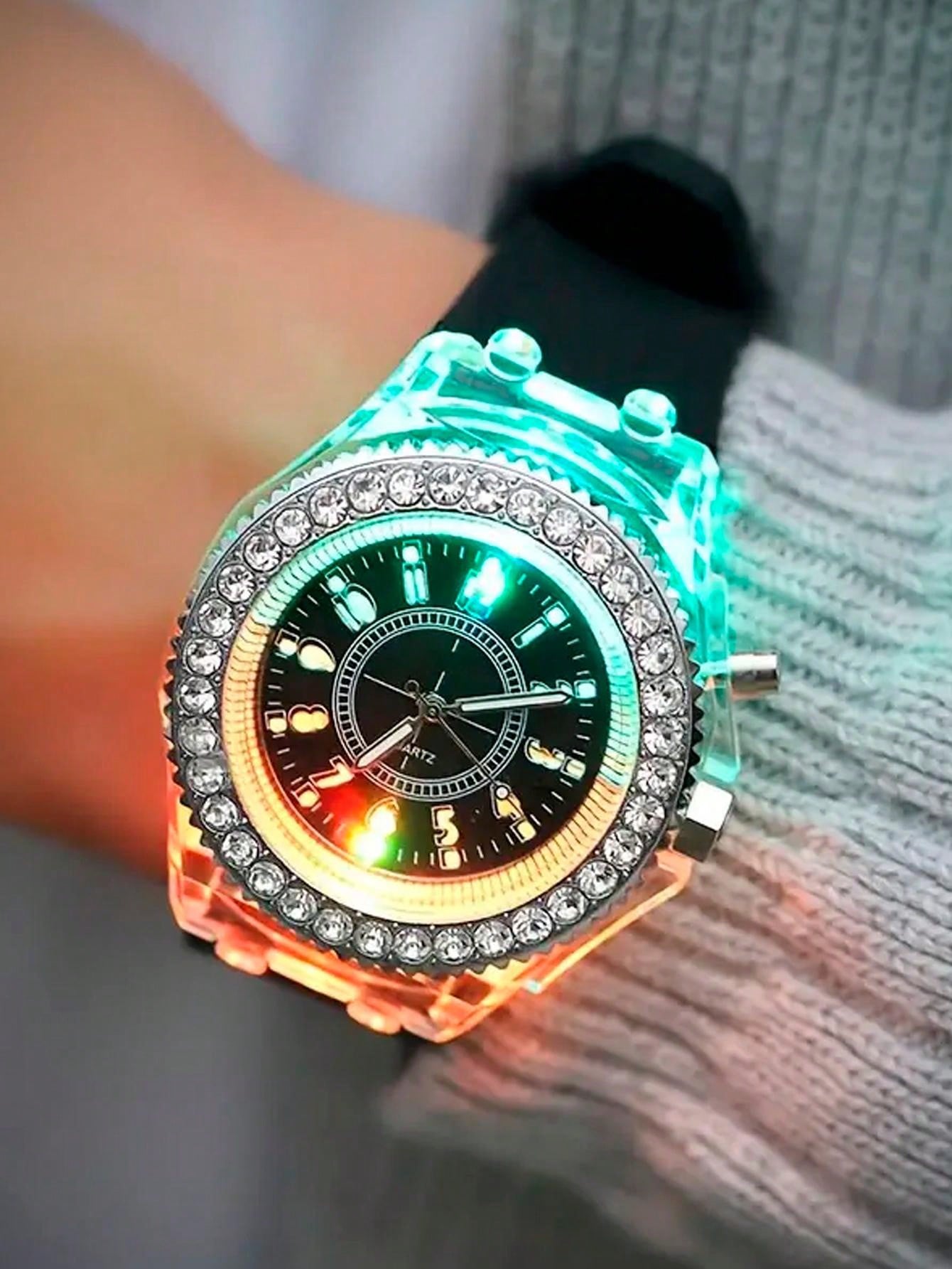 Luminous Watch Rhinestone LED Flash Couple Silicone For Unisex Round Quartz Sports Watch