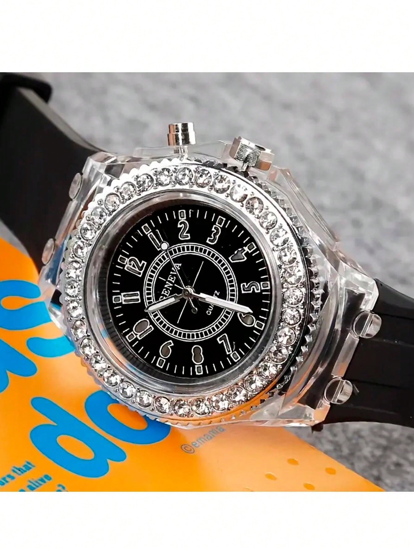 Luminous Watch Rhinestone LED Flash Couple Silicone For Unisex Round Quartz Sports Watch