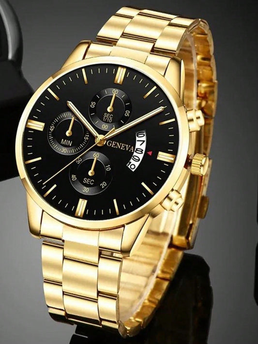 1pc Men's Golden Casual Industrial Style Calendar Quartz Watch Without Steel Band