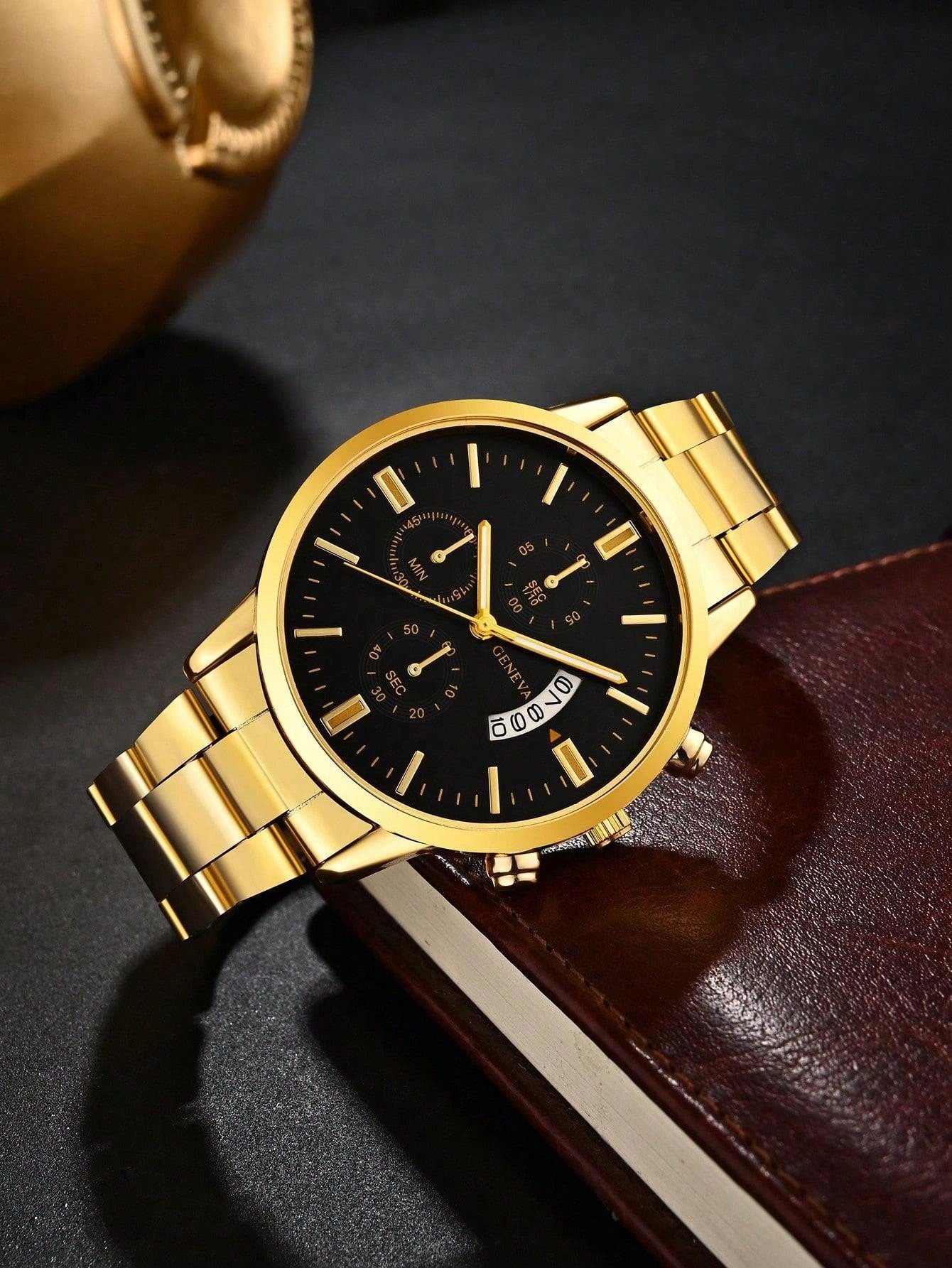 1pc Men's Golden Casual Industrial Style Calendar Quartz Watch Without Steel Band