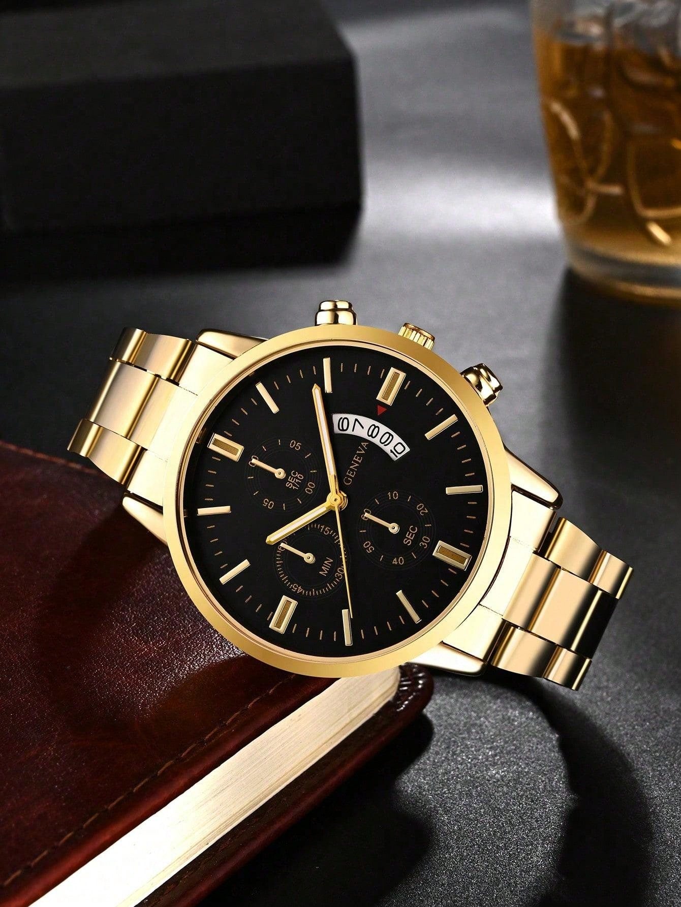 1pc Men's Golden Casual Industrial Style Calendar Quartz Watch Without Steel Band