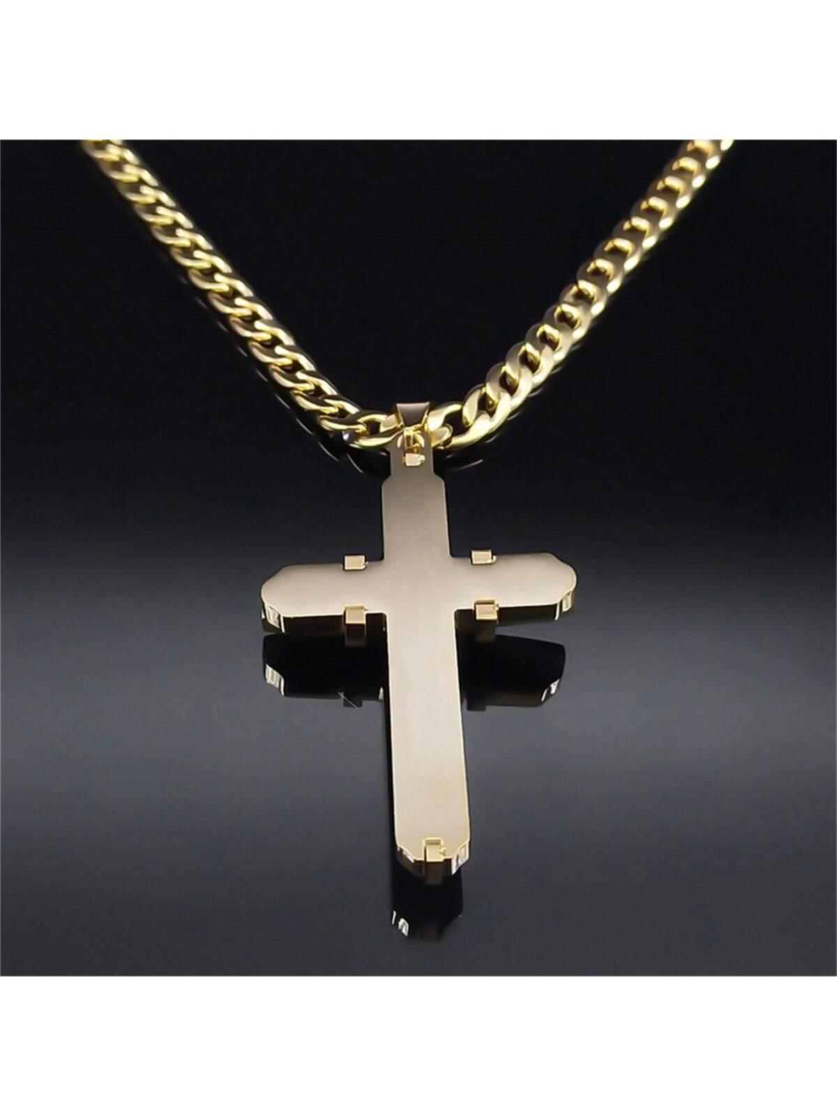 1pc Gold Stainless Steel Cross Pendant Necklace, Suitable For Men Daily Wear