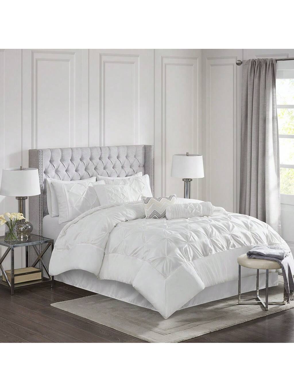 Madison Park Laurel 7 Piece Tufted Bedding Comforter Set With Throw Pillows,Faux Silk Bedroom Comforters With Matching Shams, Pillows, Bed Skirt, Pillowcases, Available In Black/ Blush/Grey/Ivory/Navy/Plum/Seafoam/Taupe/ White, Full/Queen/King/California