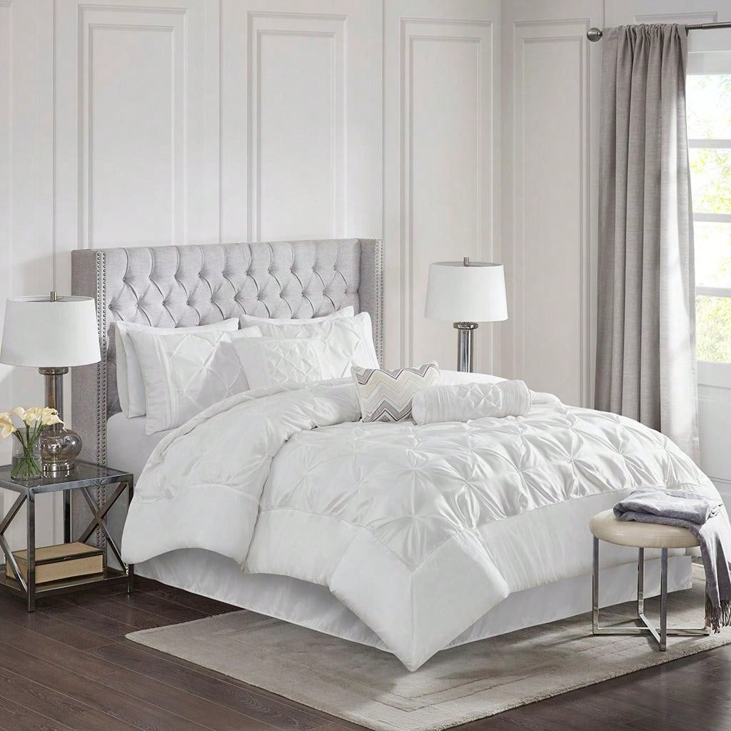 Madison Park Laurel 7 Piece Tufted Bedding Comforter Set With Throw Pillows,Faux Silk Bedroom Comforters With Matching Shams, Pillows, Bed Skirt, Pillowcases, Available In Black/ Blush/Grey/Ivory/Navy/Plum/Seafoam/Taupe/ White, Full/Queen/King/California