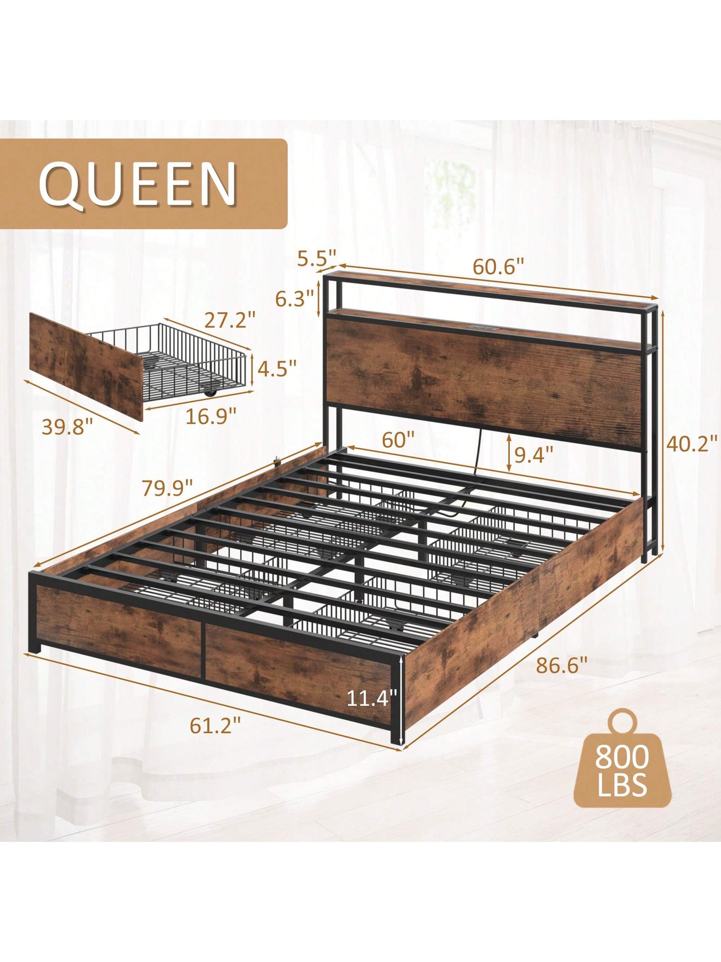 Gunji Queen Bed Frame With Headboard Charging Station Storage Drawer, Metal Support