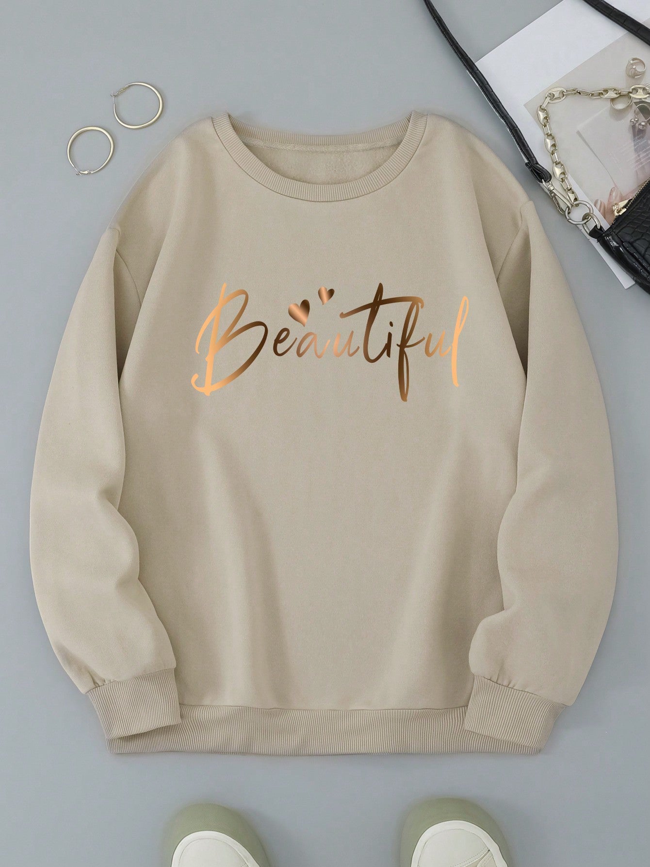 EZwear Plus Size Warm Letter Printed Thermal Lined Sweatshirt Beautiful, For Winter