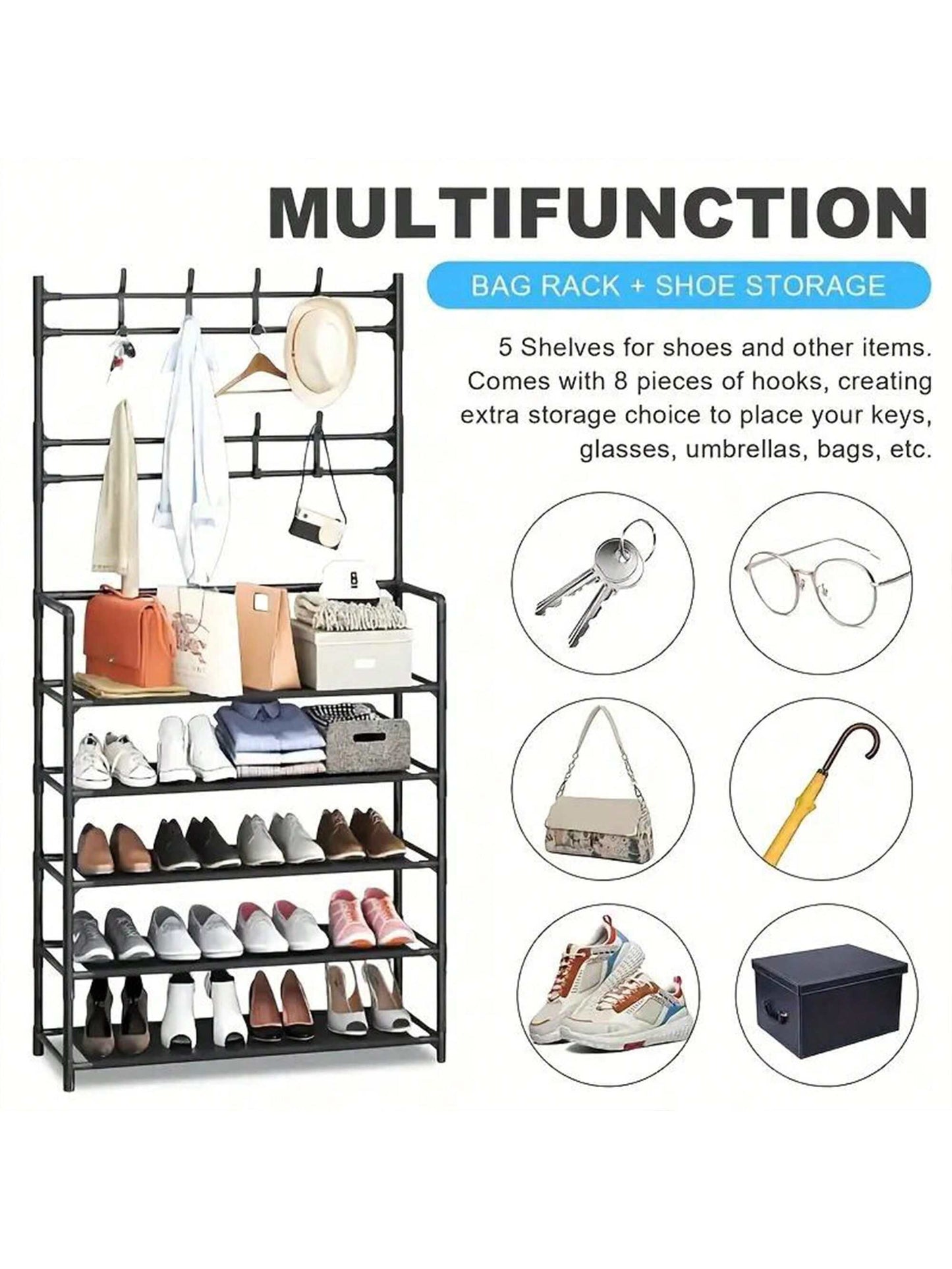 1pc Multi-Tier Sturdy Shoe Rack, Ultimate Entryway Storage Solution - Sturdy Multi-Layer Closet Storage Rack With Shoe Shelf - Floor Standing Clothes, Hats, And Shoe Racks,Versatile Free-Standing Organizer For Hats, Coats, Bags & Scarves - Space-Saving D