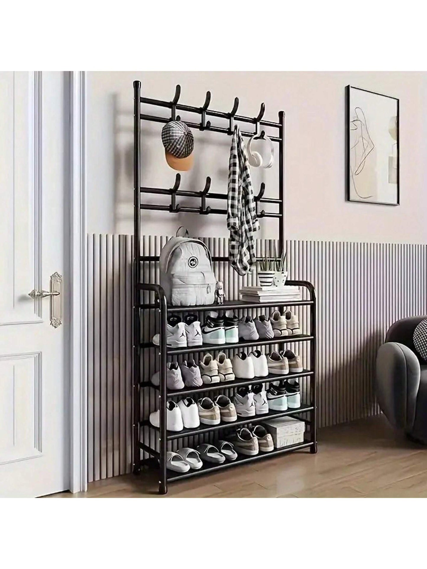 1pc Multi-Tier Sturdy Shoe Rack, Ultimate Entryway Storage Solution - Sturdy Multi-Layer Closet Storage Rack With Shoe Shelf - Floor Standing Clothes, Hats, And Shoe Racks,Versatile Free-Standing Organizer For Hats, Coats, Bags & Scarves - Space-Saving D