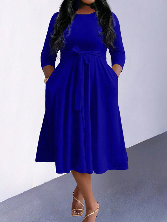 Lady Plus Size Women's Round Neck Waist Tie Dress