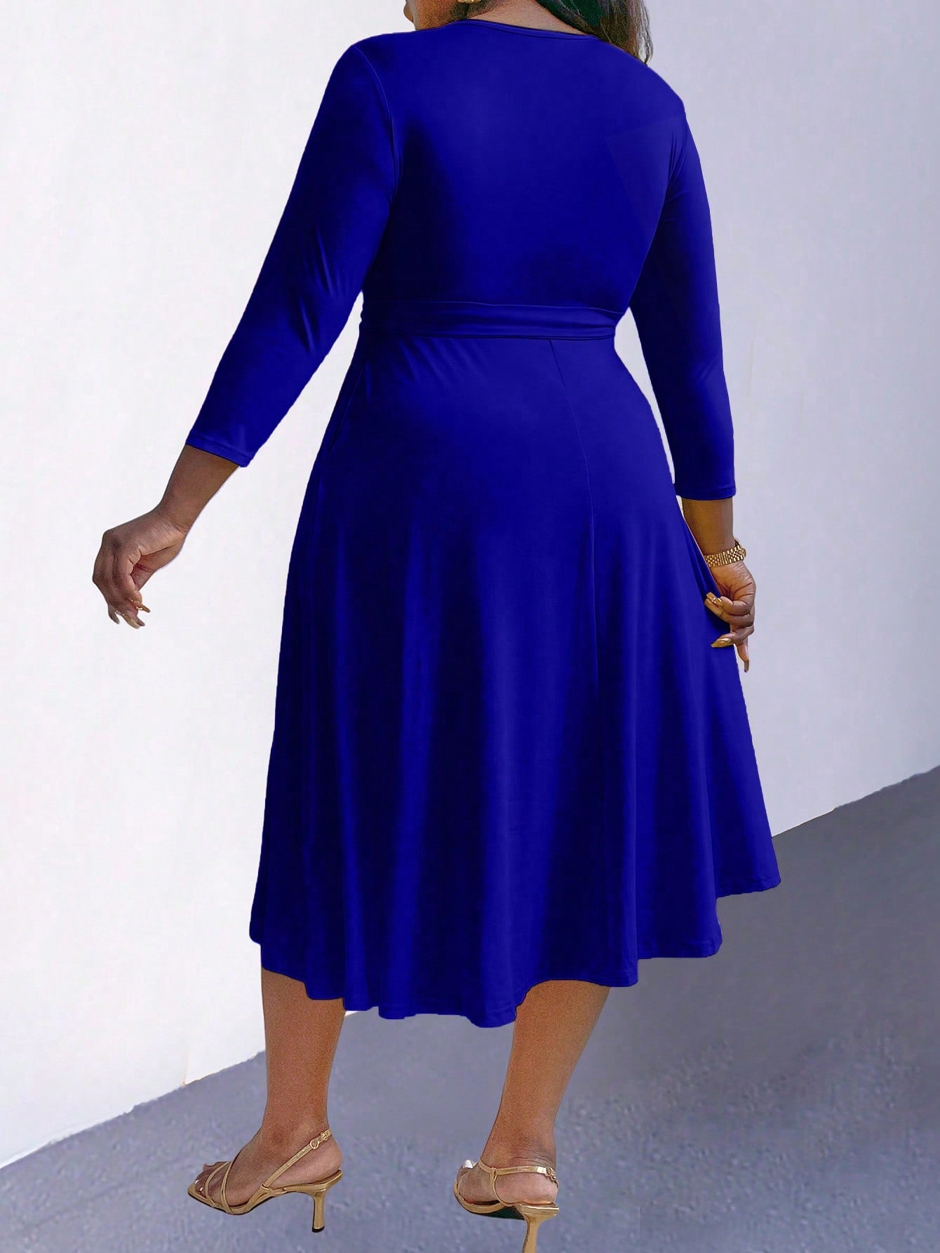 Lady Plus Size Women's Round Neck Waist Tie Dress