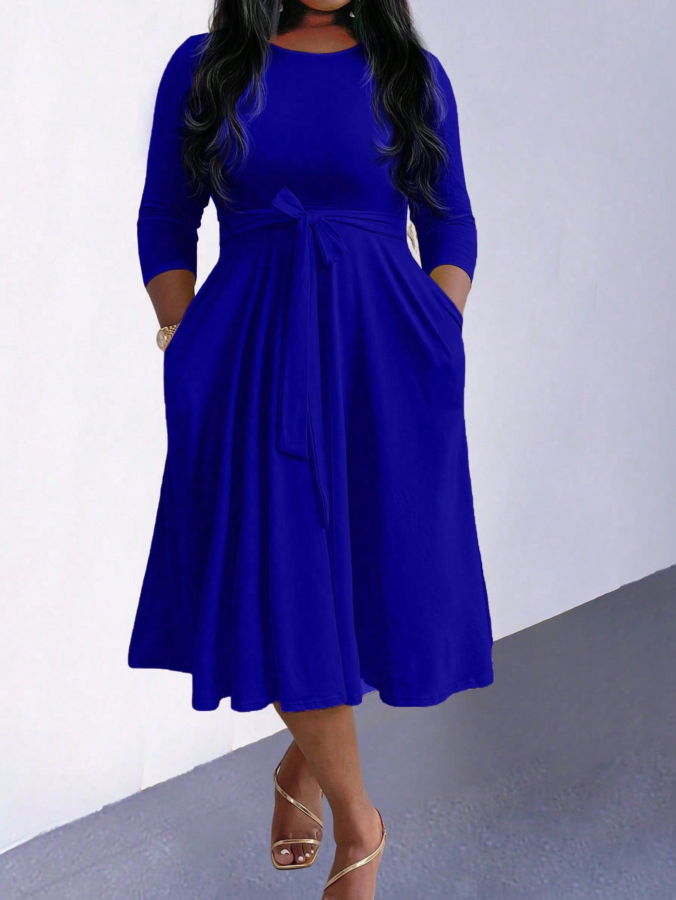 Lady Plus Size Women's Round Neck Waist Tie Dress