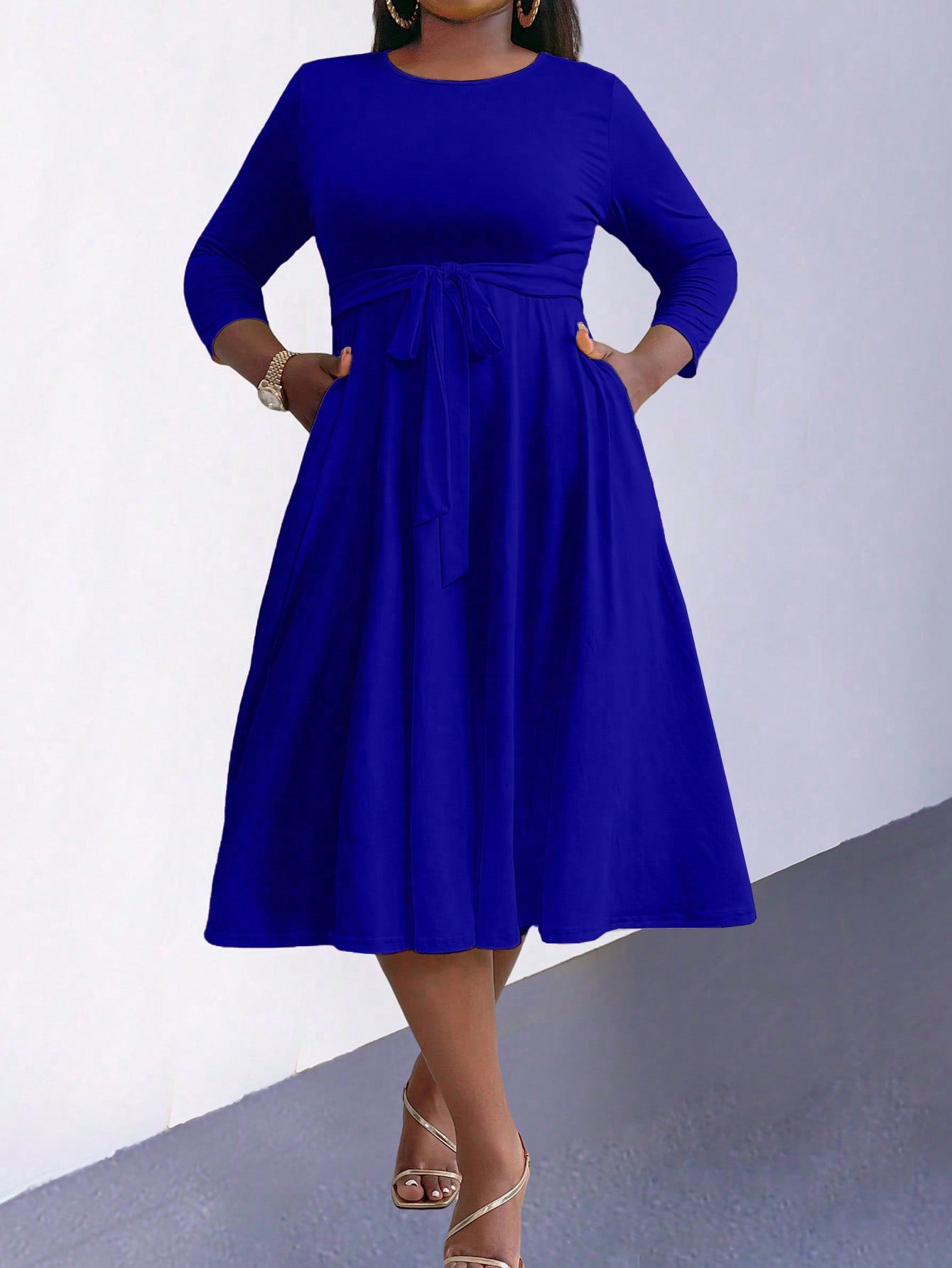 Lady Plus Size Women's Round Neck Waist Tie Dress