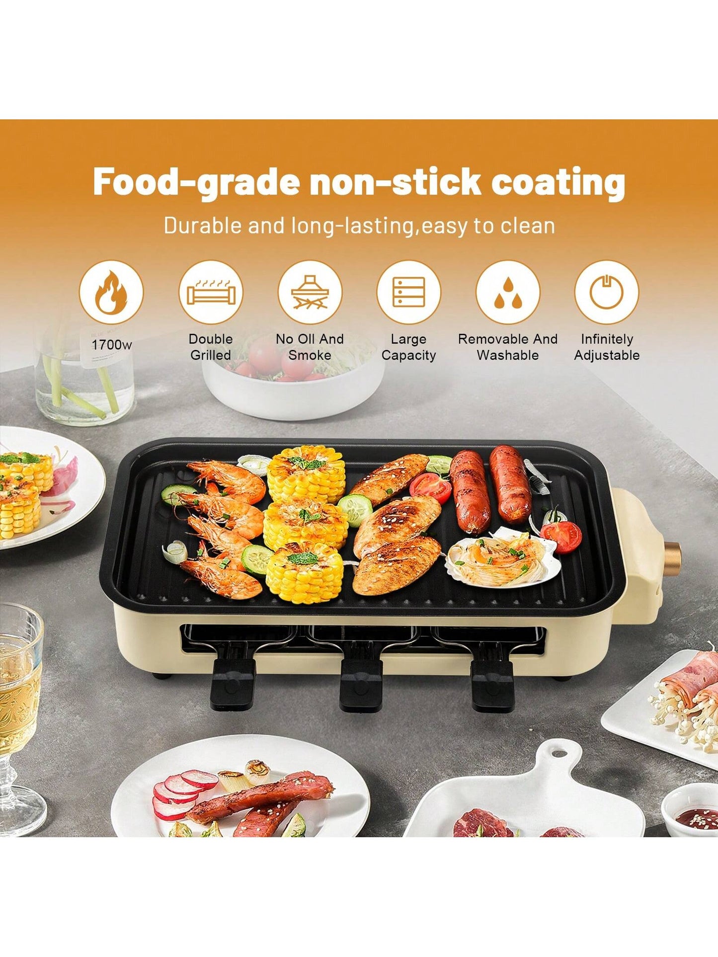 Indoor Grill Electric Smokeless, Indoor Grills For Kitchen With Non-Stick Cooking Removable Plate, Portable Korean BBQ Grill With Removable Temperature Control, Dishwasher Safe, 1500W