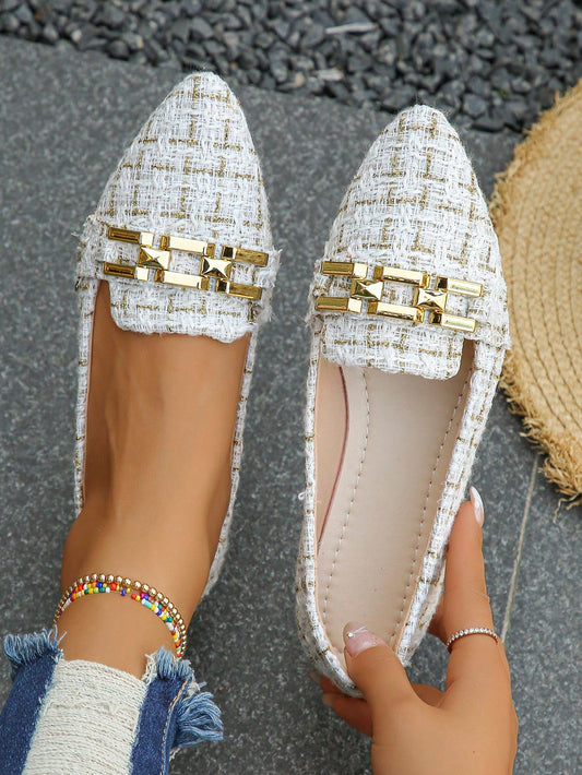 Pointed Toe Loafers With Metal Chain, Plaid Pattern, Slip-On Design, Suitable For Dresses, Flat Women Casual Shoes, For Spring & Fall