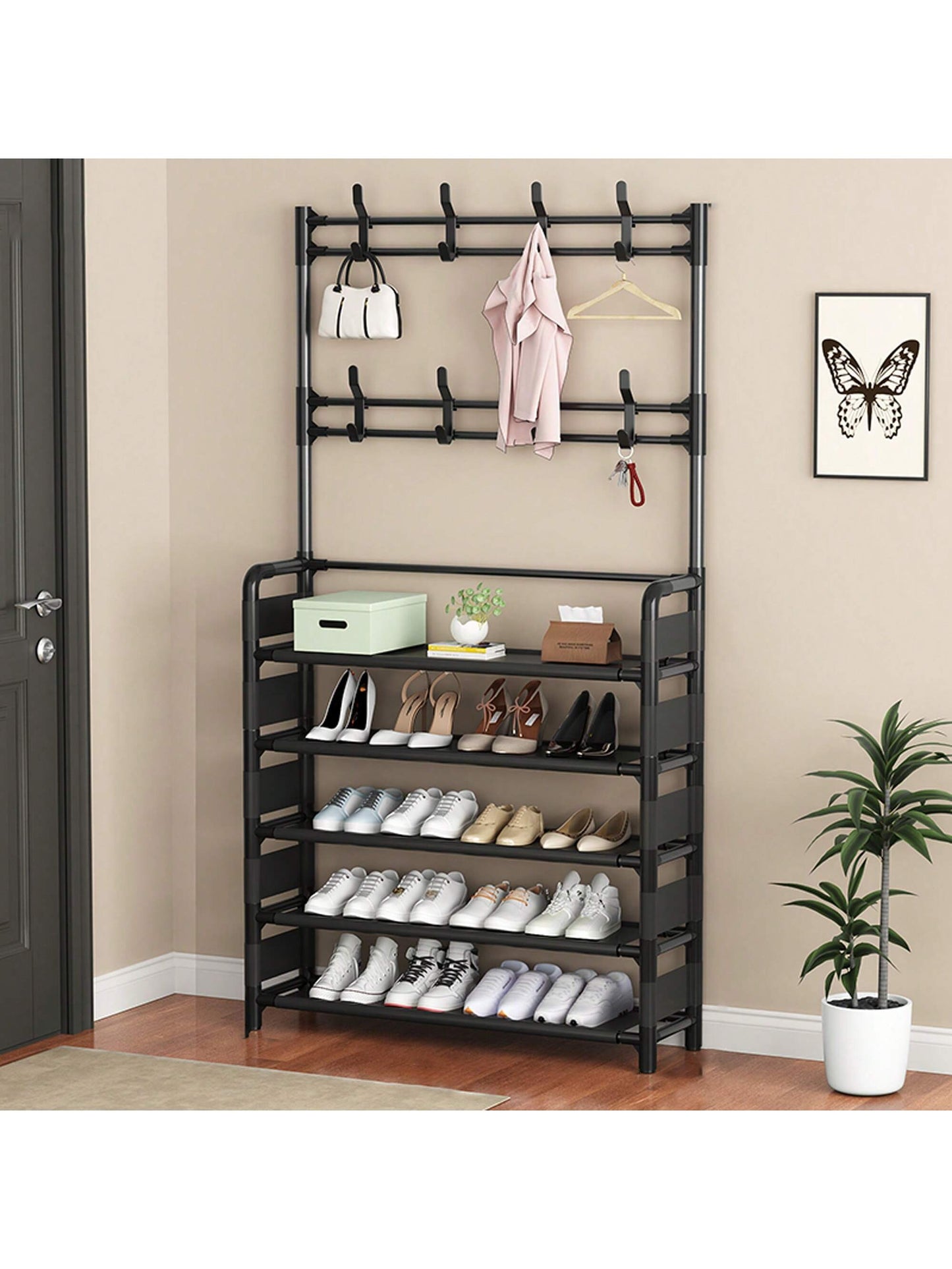 1pc Multi-Tier Sturdy Shoe Rack, Ultimate Entryway Storage Solution - Sturdy Multi-Layer Closet Storage Rack With Shoe Shelf - Floor Standing Clothes, Hats, And Shoe Racks,Versatile Free-Standing Organizer For Hats, Coats, Bags & Scarves - Space-Saving D