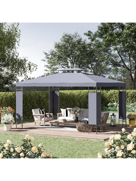 Outsunny 10' X 13' Patio Gazebo, Double Roof Outdoor Gazebo Canopy Shelter With Screen Decorate Corner Frame, For Garden, Lawn, Backyard And Deck, Gray