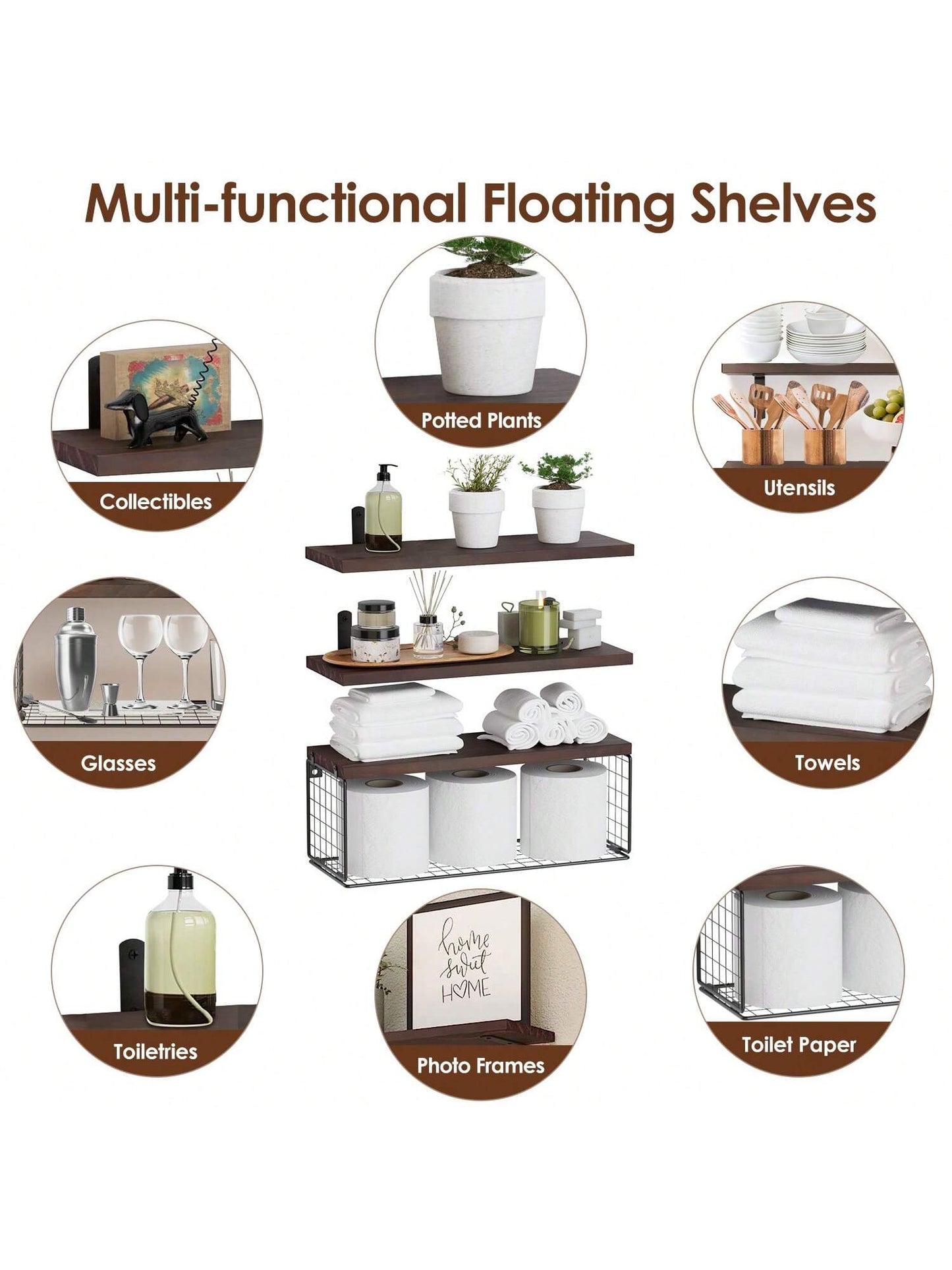 Moclever Moclever 1Pc 2 In 1 Wall Floating Shelves Wall Mounted Storage Basket Bathroom Shelves Over The Toilet Wooden Shelves For Bedroom Living Room Kitchen Office Wall Decor Plants For Decoration Home Bathroom Decor