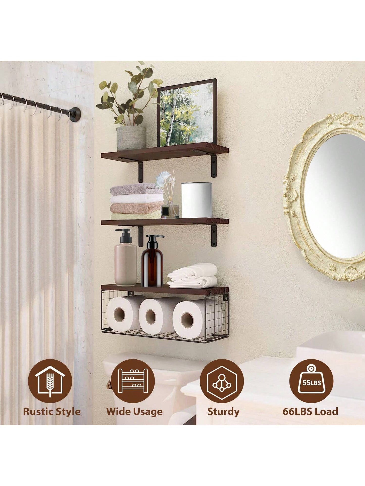 Moclever Moclever 1Pc 2 In 1 Wall Floating Shelves Wall Mounted Storage Basket Bathroom Shelves Over The Toilet Wooden Shelves For Bedroom Living Room Kitchen Office Wall Decor Plants For Decoration Home Bathroom Decor