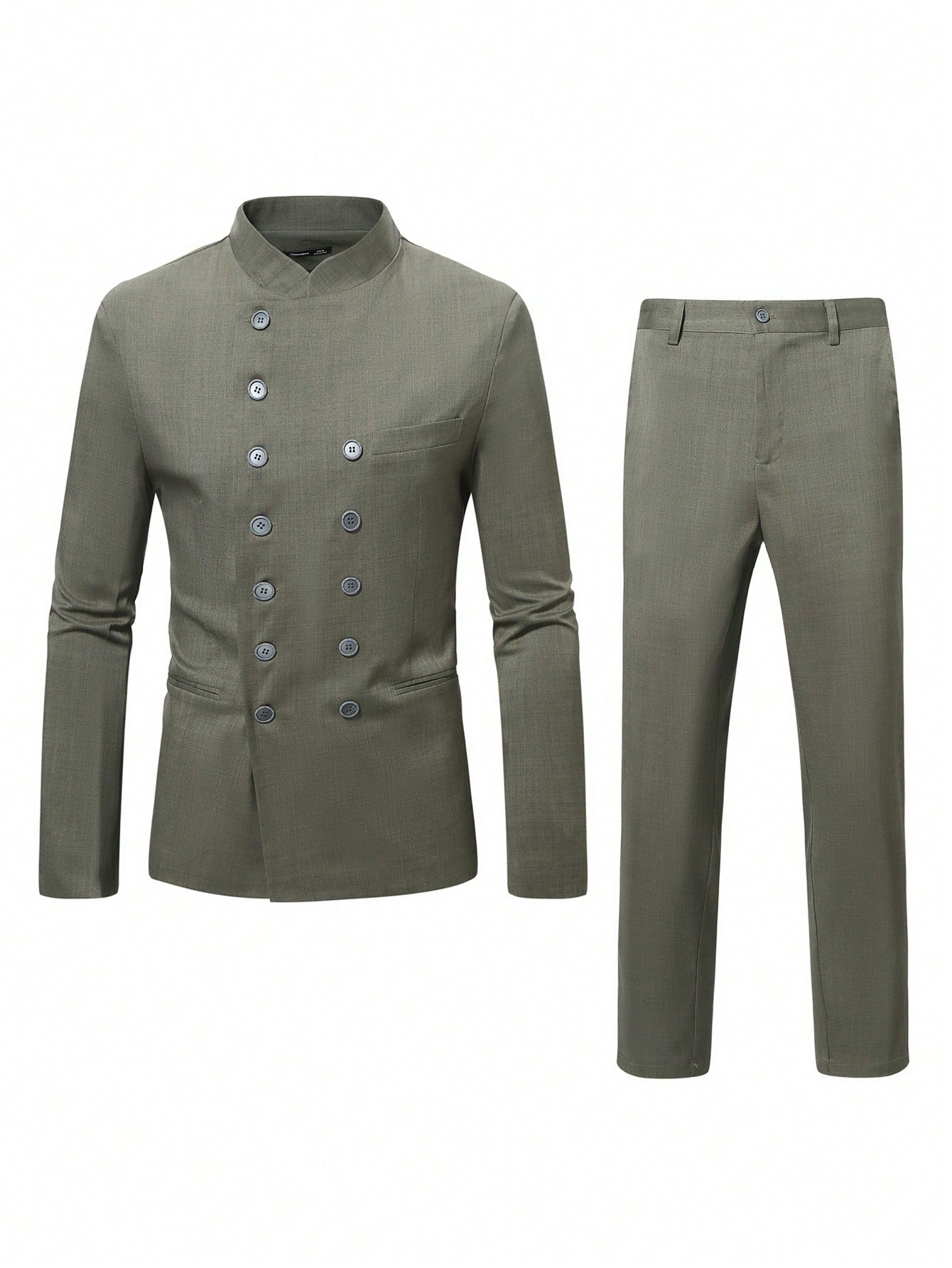 Manfinity Mode Men Spring And Autumn Stand Collar Double-Breasted Long Sleeve Suit Jacket And Pants Business Travel Suit