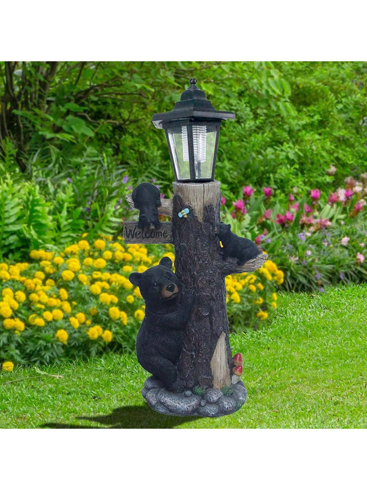 Bear Statue Welcome Sign Garden Statue With Solar Lights, 19 Inches Resin Bear Family On The Tree, Outdoor Bear Décor For Yard, Garden, Lawn, Patio, Black And Brown Animal Statue