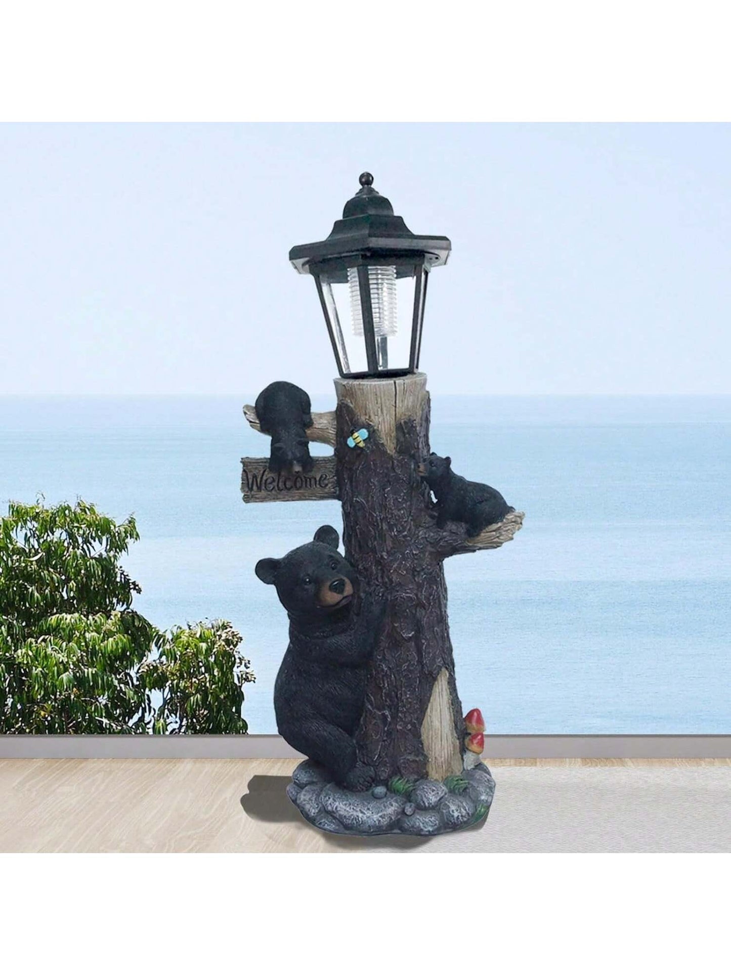 Bear Statue Welcome Sign Garden Statue With Solar Lights, 19 Inches Resin Bear Family On The Tree, Outdoor Bear Décor For Yard, Garden, Lawn, Patio, Black And Brown Animal Statue