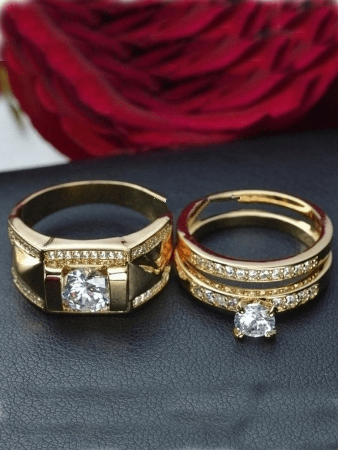 Romantic Couple Rings Set, Charm Gold-Color Women Ring And Fashion Men Ring, Wedding Rings Jewelry Gift For Couple