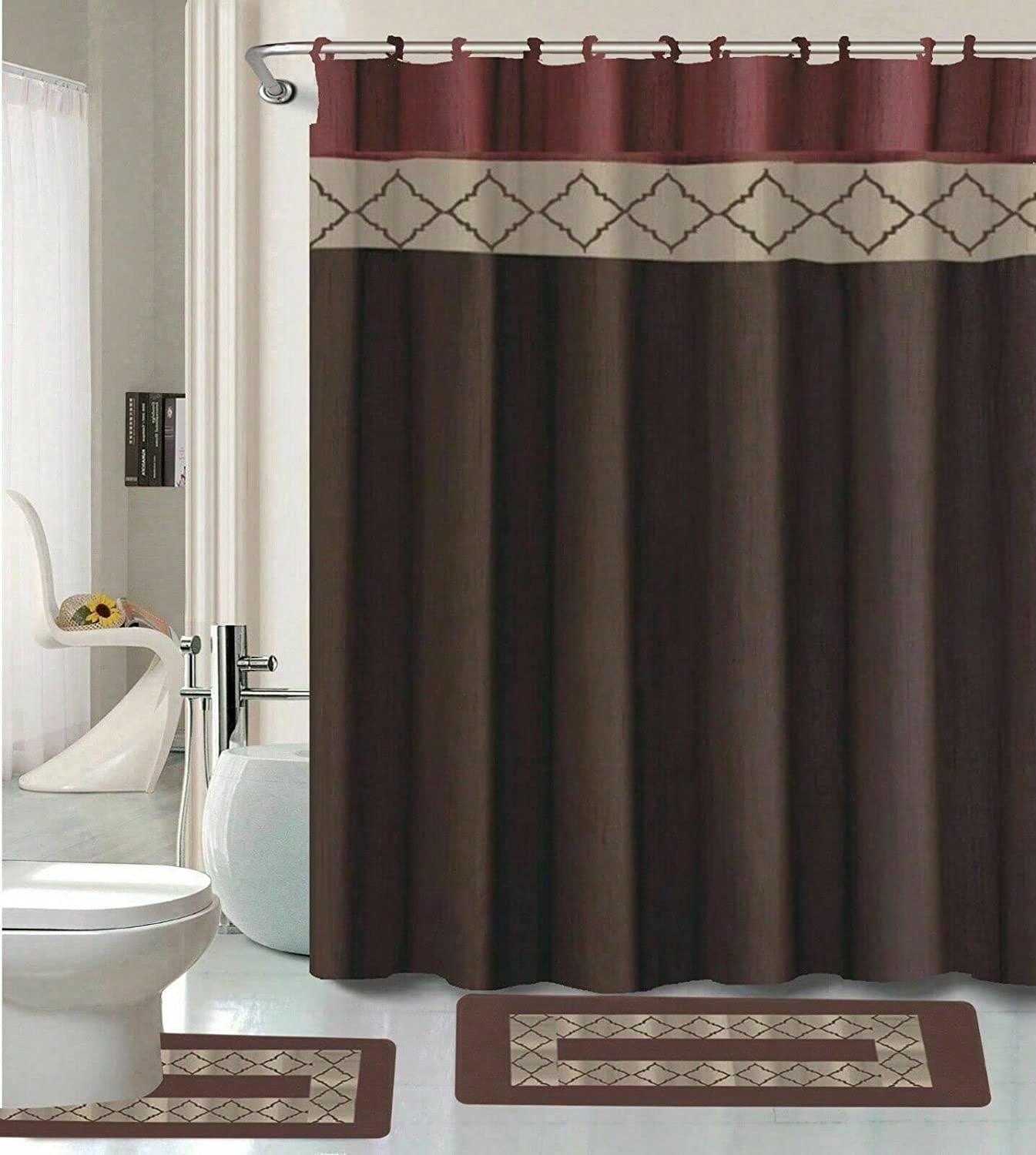 15PC Bathroom Rugs And Shower Curtain Set