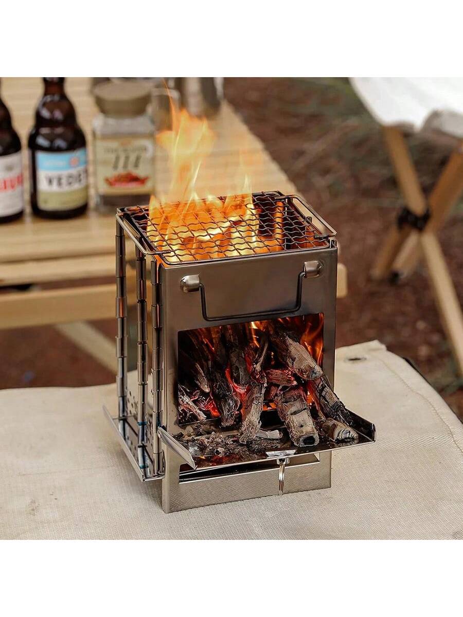 1pc Mini Outdoor Firewood Stove Portable Collapsible Stainless Steel Camping Stove Mini Charcoal Grill Pocket Furnace Camping Fishing Hiking Wood Stove  Picnic Charcoal Cooking Grill Trumpet