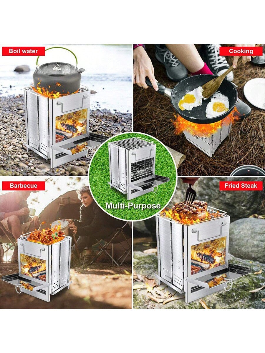 1pc Mini Outdoor Firewood Stove Portable Collapsible Stainless Steel Camping Stove Mini Charcoal Grill Pocket Furnace Camping Fishing Hiking Wood Stove  Picnic Charcoal Cooking Grill Trumpet