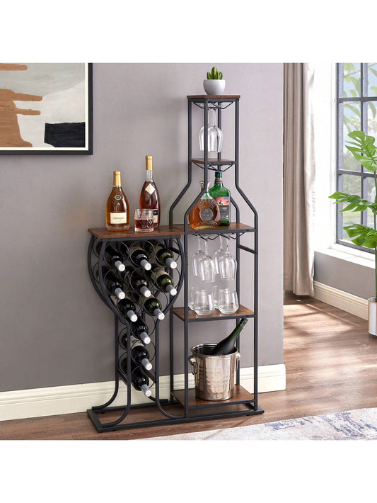 11 Bottle Wine Bakers Rack, 5 Tier Freestanding Wine Rack With Hanging Wine Glass Holder And Storage Shelves, Wine Storage Home Bar For Liquor And Wine Storagefor Kitchen, Dining Room