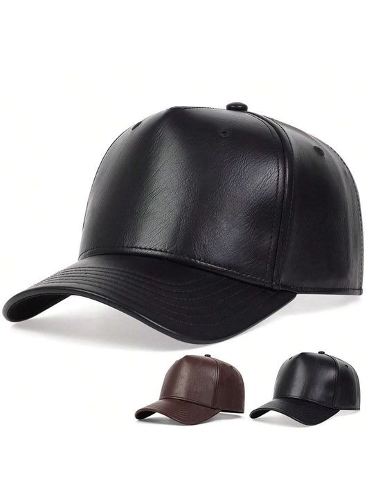 1pc Men's PU Leather Baseball Cap, Solid Color, Adjustable, Warm, Casual Hat, Suitable For Outdoor, Autumn/Winter Travel, Beach Party