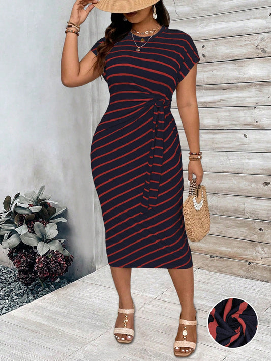 Essnce Plus Size Women's Striped Round Neck Batwing Sleeve Casual Dress With Waist Tie, Summer