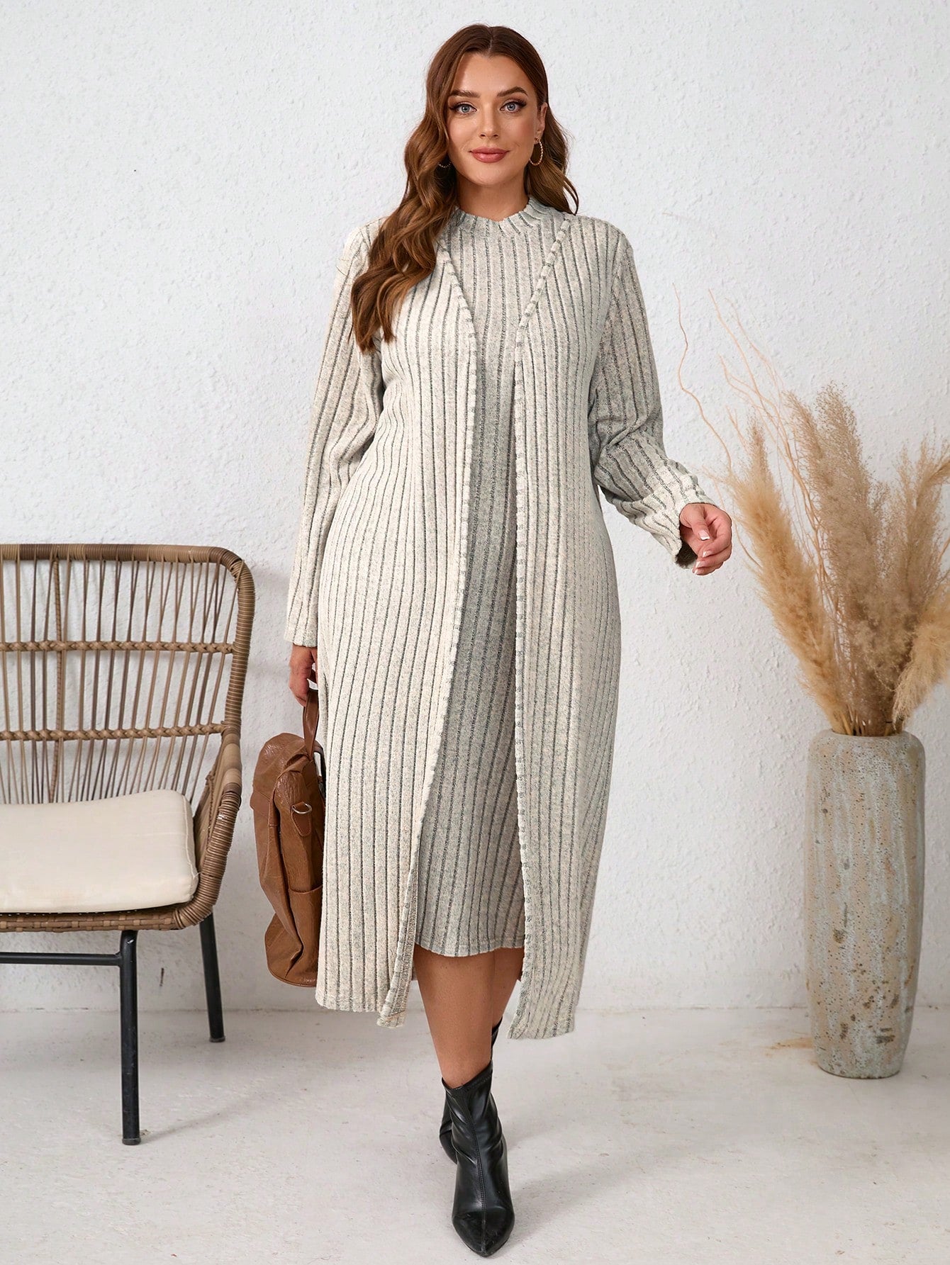 LUNE 2pcs Plus Size Women's Apricot Fuzzy Ribbed Cardigan And Dress Set For Autumn & Winter Women Clothing Sets Travel Outfit Airport