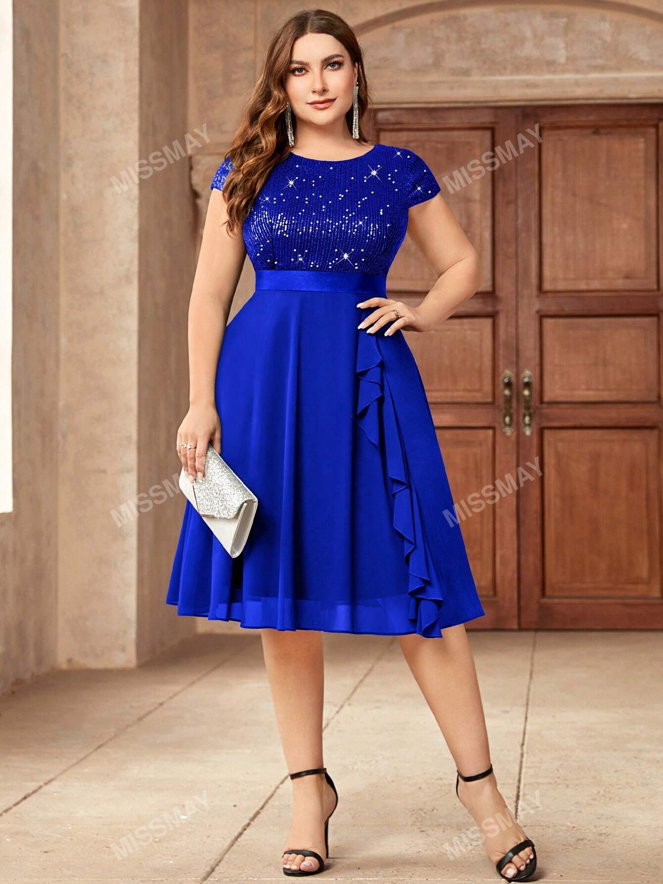 Plus Glitter Sequin Ruffle Trim Chiffon Hem Cocktail Party Swing Dress