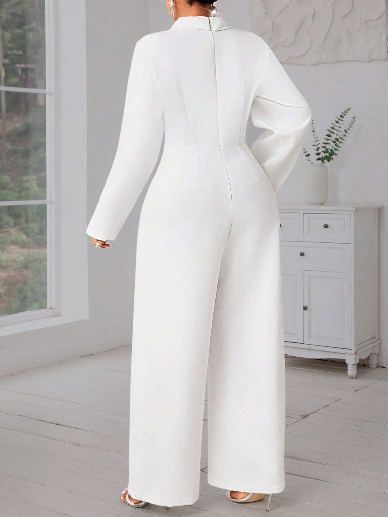 Lady Plus Size White Rhinestone Collar Cinched Waist Waist 2 In 1 Jumpsuit Prom White Long Sleeve White Women Jumpsuit Going Out Outfits Fall Women Clothes