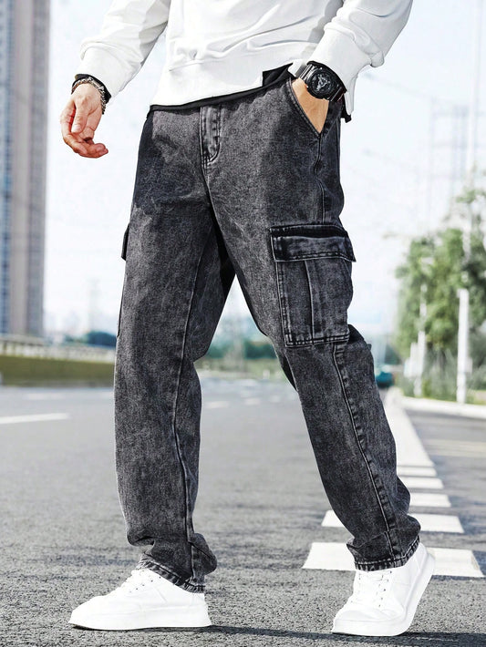 Manfinity EMRG Men's Plus Size Loose Straight Casual Comfortable Stylish Street Wear Jeans Pants