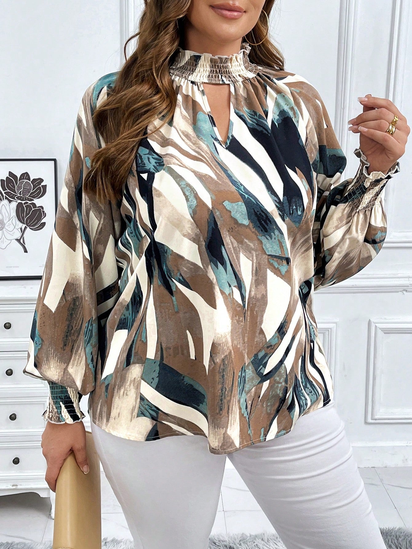 Clasi Plus Size Fall Women Clothes Ruffle Collar Hollow Out Full Print Long Sleeve Casual Frenchies Fall Shirts