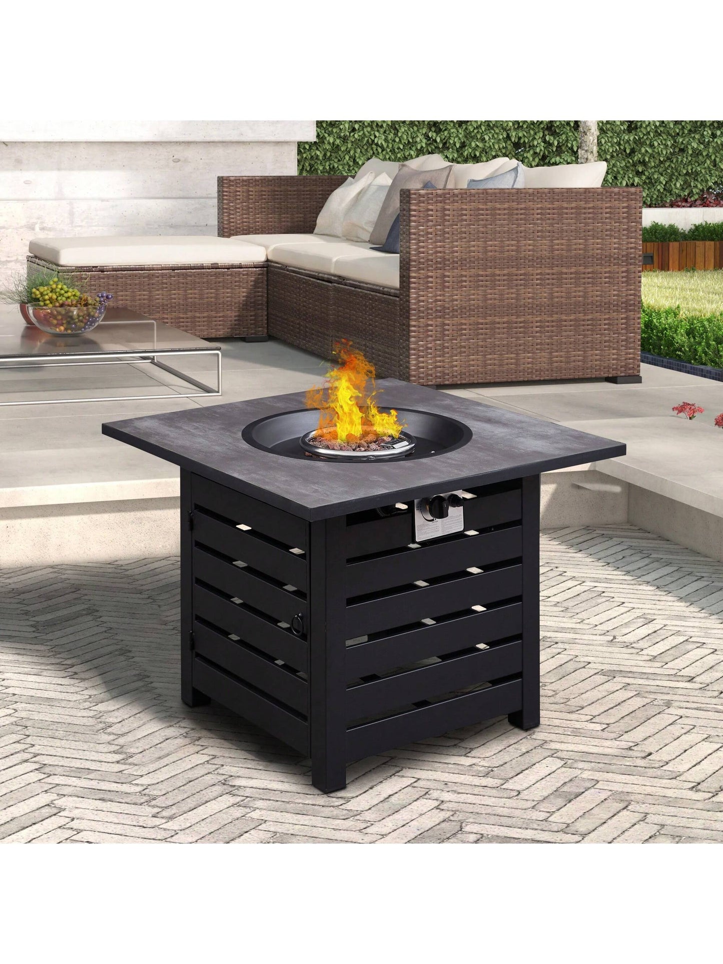 MONDAWE Fire Pit Table, 32-Inch Square 50,000 BTU Auto-Ignition Propane Gas Firepit With Waterproof Cover